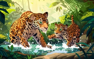 Картинка Вода, Котенок, Ягуары, Хищники, Двое, Цифровое искусство, Детеныш, Большие кошки