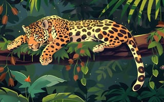 Картинка Дерево, Листья, Ветка, Спит, Хищник, Ягуар, Большая кошка, Цифровое искусство