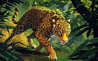 Картинка Деревья, Ягуар, Искусство искусственного интеллекта, Цифровое искусство, ИИ-арт, Джунгли, Большая кошка, Хищник