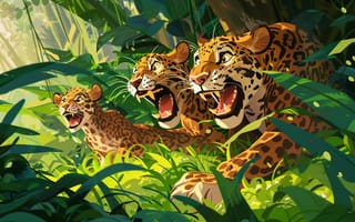 Картинка Котенок, Листья, Оскал, Джунгли, Детеныш, Цифровое искусство, Клыки, Трое