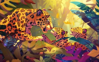Картинка Листья, Котята, Хищники, Детеныши, Трое, Цифровое искусство, Ягуары, Джунгли