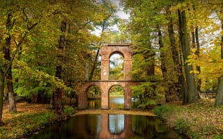 Картинка отражение, Деревья, Польша, Roman inspired aqueduct, Arcadia Park, Река, Акведук в римском стиле, Poland