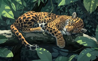 Картинка Дерево, Листья, Ветка, Хищник, Ягуар, Спит, Цифровое искусство, Большая кошка