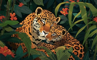 Картинка Цветы, Котенок, Хищники, Детеныш, Цифровое искусство, Ягуары, Листья, Двое
