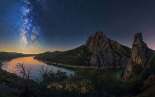 Картинка Горы, Галактика, Galaxy, Night, Звезды, Ночь, Stars, Река