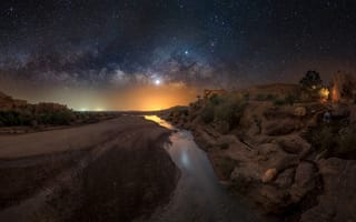Картинка Ночь, Река, Milky Way, Ait Benhaddou, Марокко, Млечный путь, Красота, Morocco