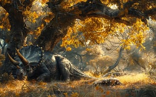 Картинка Деревья, Динозавр, Triceratops, Древние животные, Цифровое искусство, Животное, Рога, Трицератопс