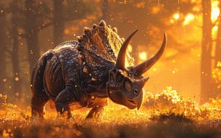 Картинка Деревья, Рассвет, Цифровое искусство, Triceratops, Рога, Динозавр, Животное, Трицератопс