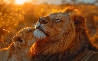 Картинка Котенок, Рассвет, Детеныш, Хищники, Цифровое искусство, Двое, Львы, Большие кошки