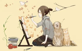 Картинка девочка, мольберт, собака, рисует, кошка, кисть, книги, птицы, бабочки
