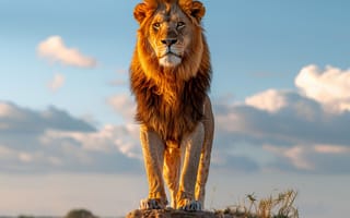 Картинка Рассвет, Камень, Искусство искусственного интеллекта, Хищник, Цифровое искусство, Большая кошка, ИИ-арт, Лев