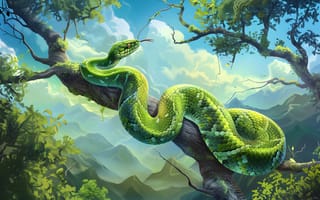 Картинка Горы, Змея, Деревья, ИИ-арт, Рептилия, Арт, Цифровое искусство, Животное
