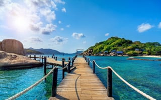 Картинка море, облака, тропики, Пирс, пальмы, Таиланд, красота, Мост