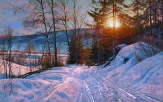 Картинка Солнце, Зима, Картина, Peder Mork Monsted, Снег, Датский живописец, Дорога, Педер Морк Монстед