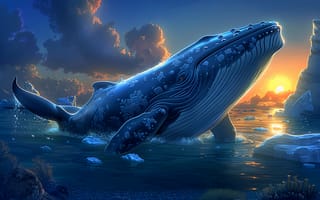 Картинка Море, Лед, Искусство искусственного интеллекта, Рассвет, Нейросеть, Цифровое искусство, ИИ-арт, Кит