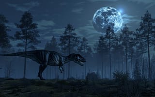 Картинка Ночь, Деревья, Сбоку, Динозавр, Луна, Цифровое искусство, Животное, Хищник
