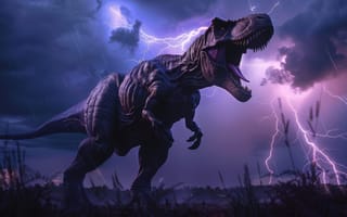 Картинка Молния, Дождь, Животное, Тучи, Хищник, Пасть, Динозавр, Цифровое искусство