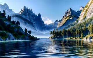 Картинка Горы, Деревья, Искусство искусственного интеллекта, Цифровое искусство, Река, ИИ-арт, Нейросеть, Пейзаж