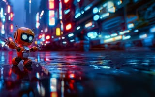Картинка City, Miscellaneous, Robot, Lights, Backlight, Street, Neon