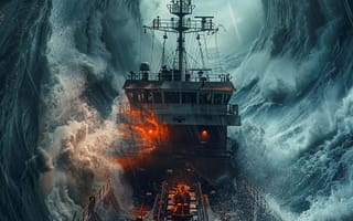 Картинка Море, Волны, Цифровое искусство, Шторм, Тучи, ИИ-арт, Корабль, Дождь