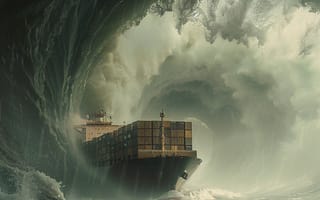 Картинка Море, Волны, Шторм, ИИ-арт, Корабль, Цифровое искусство, Контейнеровоз, Искусство искусственного интеллекта
