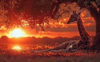 Картинка Солнце, Облака, Жираф, ИИ-арт, Цифровое искусство, Дерево, Трава, Рассвет