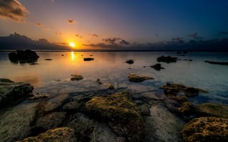 Картинка Горизонт, Сумерки, Dusk, French Polynesia, Horizon, Хуахине, Французская Полинезия, Coast Reef