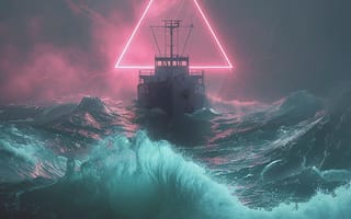 Картинка Море, Волны, Корабль, Дождь, Цифровое искусство, Молния, Портал, Шторм