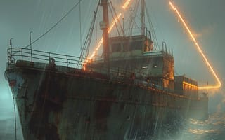 Картинка Море, Волны, Корабль, Портал, Искусство искусственного интеллекта, Дождь, ИИ-арт, Цифровое искусство