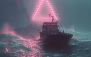 Картинка Море, Волны, Цифровое искусство, Молния, Портал, Корабль, ИИ-арт, Дождь
