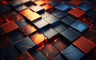 Картинка поле, свет, кубы, абстракция, серый, темный, оранжевый, красный