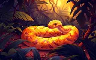 Картинка Взгляд, Змея, Рептилия, Морда, Джунгли, Животное, Листья, Арт
