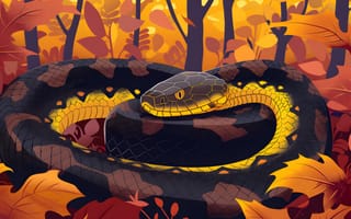 Картинка Взгляд, Змея, Арт, Деревья, Морда, Рептилия, Животное, Листья