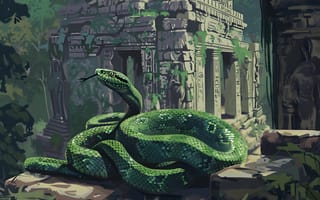 Картинка Язык, Змея, Развалины, Рептилия, Деревья, Животное, Арт, Джунгли