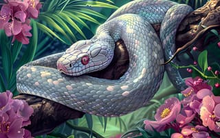 Картинка Цветы, Дерево, Змея, Рептилия, Морда, Животное, Джунгли, Арт
