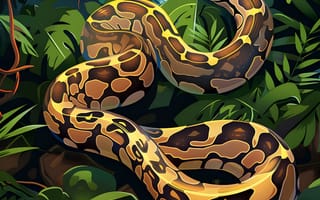 Картинка Змея, Листья, Арт, Рептилия, Животное, Ветки, Цифровое искусство, Джунгли