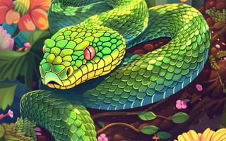 Картинка Цветы, Взгляд, Животное, Цифровое искусство, Морда, Змея, Рептилия, Арт