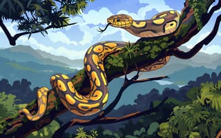 Картинка Дерево, Горы, Джунгли, Язык, Арт, Змея, Взгляд, Рептилия
