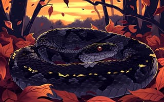Картинка Взгляд, Змея, Рептилия, Животное, Арт, Листья, Морда, Деревья