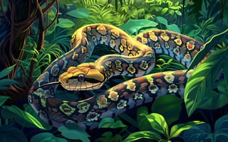 Картинка Трава, Змея, Листья, Рептилия, Джунгли, Арт, Цифровое искусство, Животное