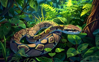 Картинка Трава, Змея, Листья, Рептилия, Лес, Арт, Животное, Цифровое искусство