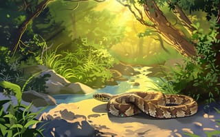 Картинка Змея, Деревья, Речка, Животное, Лес, Цифровое искусство, Арт, Рептилия
