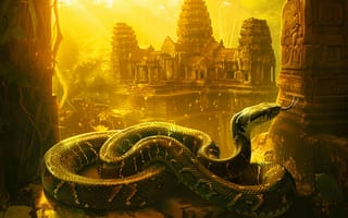 Картинка Змея, Здание, Цифровое искусство, Арт, Джунгли, Рептилия, Древний город, Животное