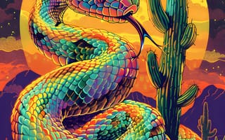 Картинка Язык, Взгляд, Арт, Рептилия, Животное, Цифровое искусство, Кактус, Змея