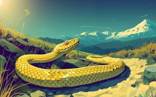 Картинка Горы, Змея, Животное, Рептилия, Рассвет, Арт, Морда, Камни