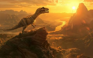 Картинка Горы, Река, Цифровое искусство, Рассвет, Динозавр, Животное, Хищник, Пейзаж