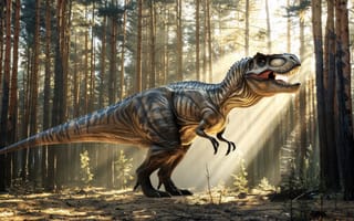 Картинка Деревья, Хищник, Животное, Динозавр, Tyrannosaurus Rex, Цифровое искусство, Тираннозавр, Лучи Солнца