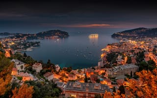 Картинка море, огни, Villefranche, горизонт, вечер, на берегу моря, городок, вид сверху