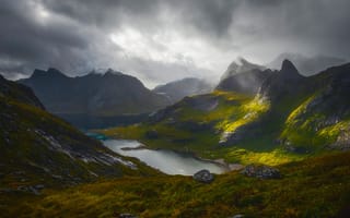 Картинка sky, mountains, Reine, Lofoten, Norway, clouds, houses, fjord