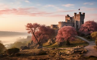 Картинка пейзаж, замок, весна, blossom, landscape, архитектура, pink, beautiful